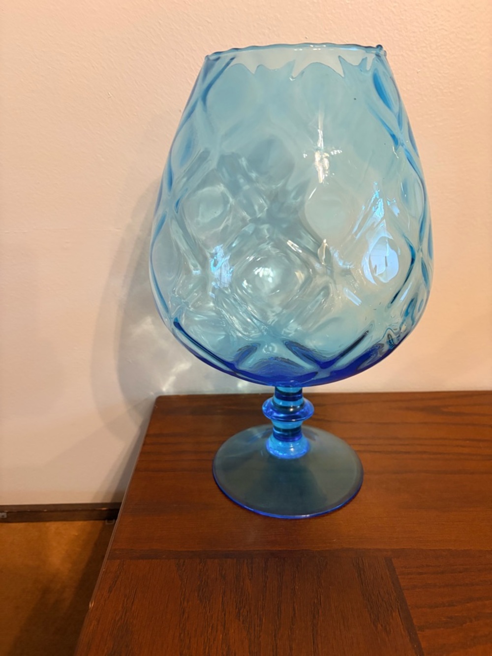 Huge 13.5” Vtg Italian Empoli Art Glass Blue Brandy Snifter Vase MCM Optic Globe